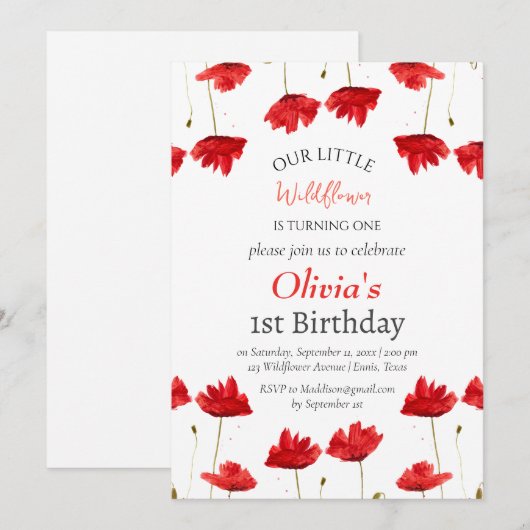 Poppies 1e Verjaardag Meisje Red Floral Kaart (Voorkant / Achterkant)