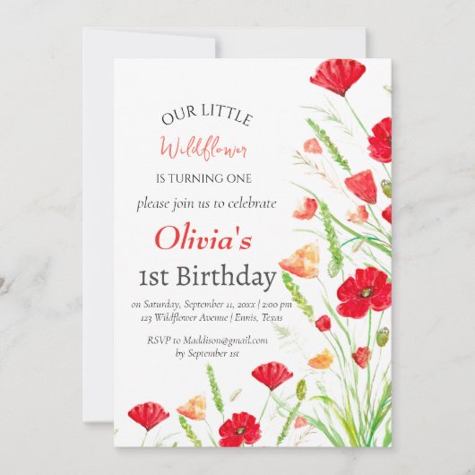 Poppies 1e Verjaardag Meisje Red Floral Kaart (Voorkant)