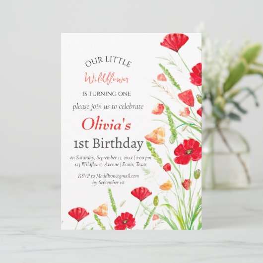 Poppies 1e Verjaardag Meisje Red Floral Kaart (Staand voorkant)