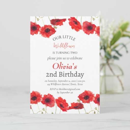 Poppies 2e verjaardag meisje rode bloemen kaart (Staand voorkant)