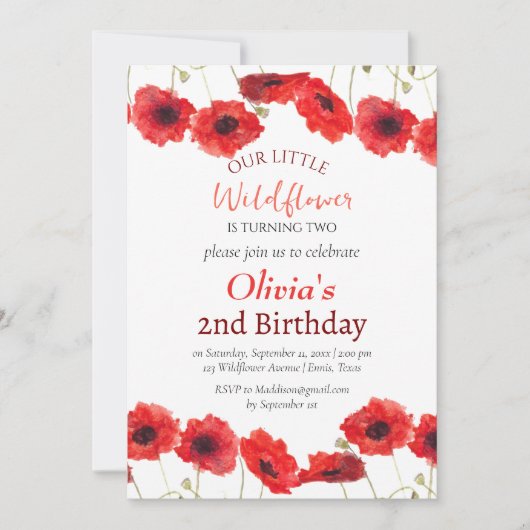 Poppies 2nd Second Birthday Girl Red Floral  Kaart (Voorkant)