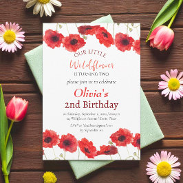 Poppies 2nd Second Birthday Girl Red Floral  Kaart