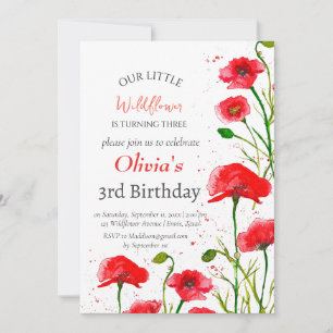 Poppies 3e Derde Verjaardag Meisje Red Floral Kaart