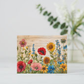 Poppies and Wildflowers on Soft Rustic Wood Briefkaart (Staand voorkant)