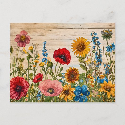 Poppies and Wildflowers on Soft Rustic Wood Briefkaart (Voorkant)