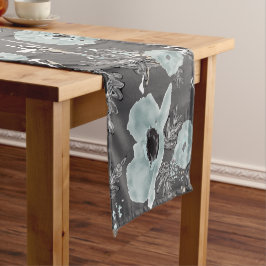 Poppies Blauw Grijs Houtskool Waterverf Decor Korte Tafelloper