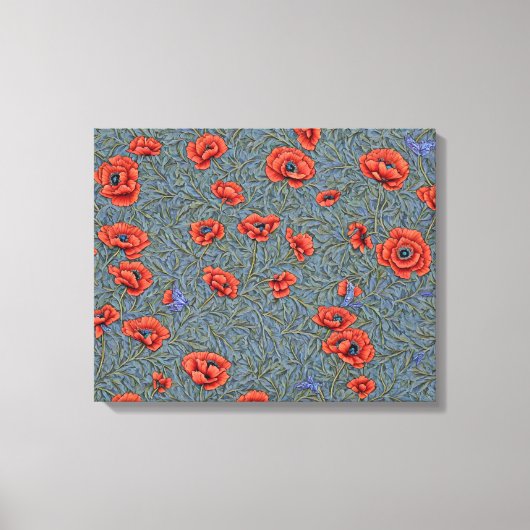 Poppies Blauwe Vlinders Canvas Afdruk (Voorkant)