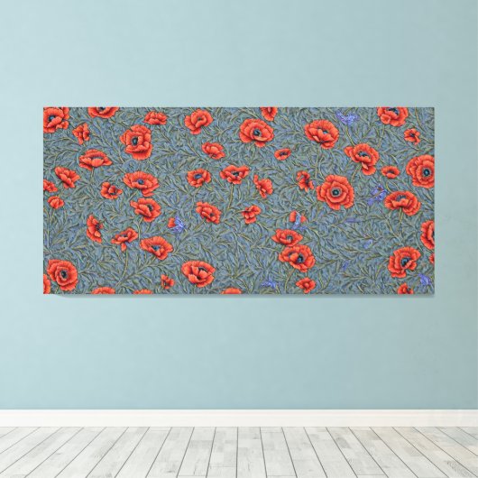 Poppies Blauwe Vlinders Canvas Afdruk (Insitu (Houten vloer))