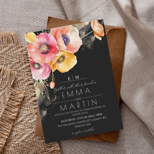 Poppies Bloemen Rood & Zwart Goud Huwelijk Kaart