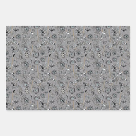 Poppies Blue Gray Gray Floral Pattern Inpakpapier Vel (Voorkant 3)