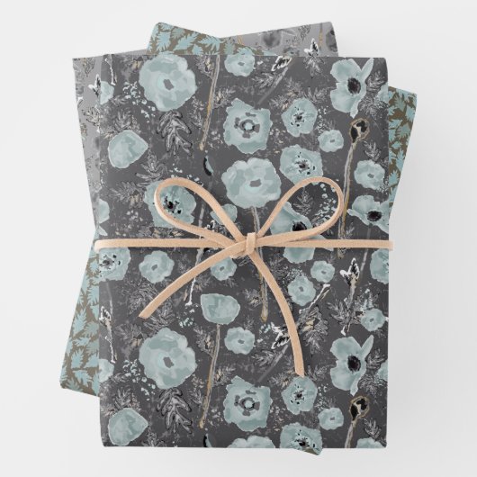 Poppies Blue Gray Gray Floral Pattern Inpakpapier Vel (In situ)