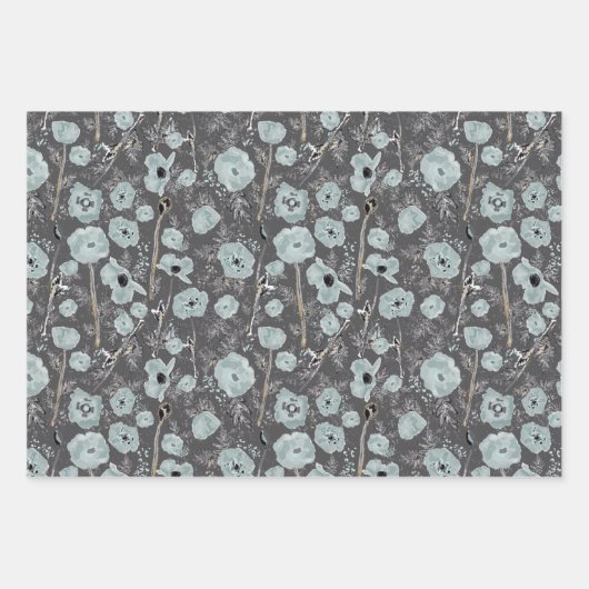 Poppies Blue Gray Gray Floral Pattern Inpakpapier Vel (Voorkant)