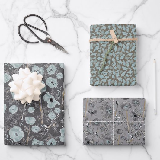 Poppies Blue Gray Gray Floral Pattern Inpakpapier Vel (Voorkant)