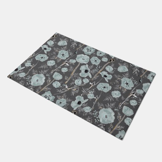Poppies Blue Grey Black Waterverf Floral Pattern Deurmat (Schuin)