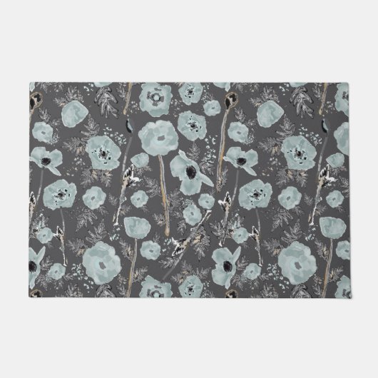 Poppies Blue Grey Black Waterverf Floral Pattern Deurmat (Voorkant)