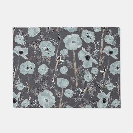 Poppies Blue Grey Black Waterverf Floral Pattern Deurmat (Voorkant)