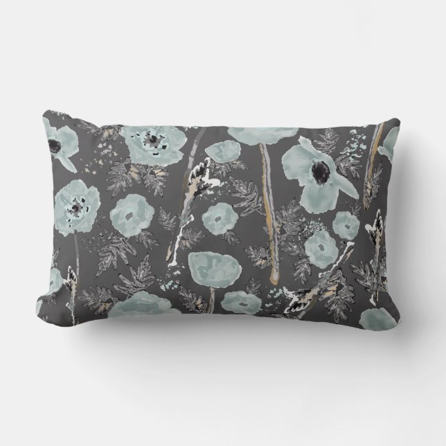 Poppies Blue Grey Black Waterverf Floral Pattern Kussen (Voorkant)