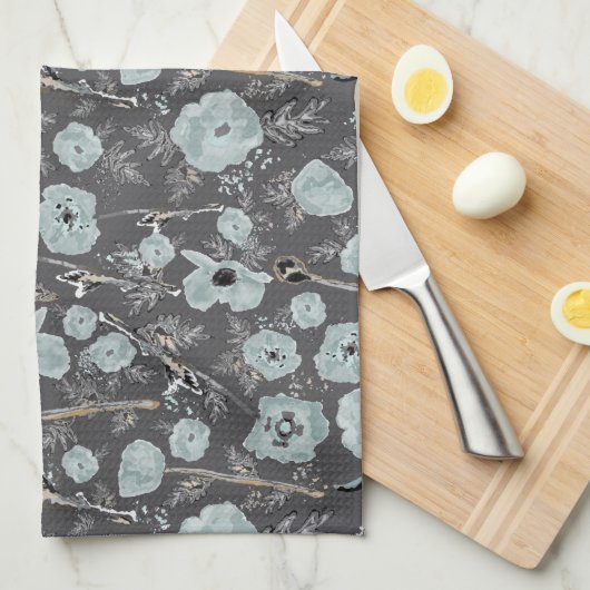 Poppies Blue Grey Black Waterverf Flowers Theedoek (Quarter Fold)