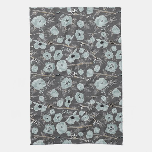 Poppies Blue Grey Black Waterverf Flowers Theedoek (Verticaal)