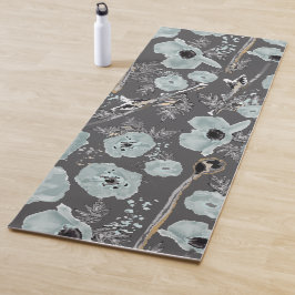 Poppies Blue Grey Charcoal Waterverf Flora Yogamat