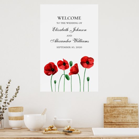 Poppies bruiloft welkomstgebarsten. Rode bloemen Poster (Keuken)