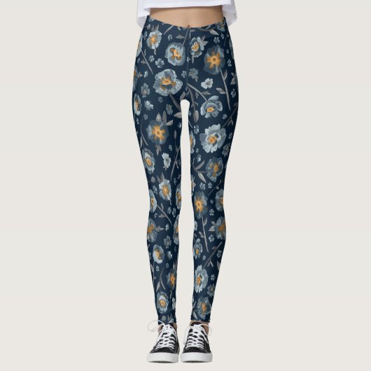 Poppies Charming Blue Gellow Poppy Floral Leggings (Voorkant)