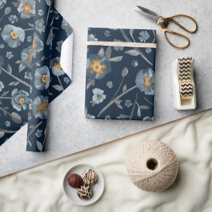 Poppies Charming Blue Grey Yellow Floral Cadeaupapier