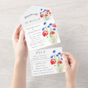 Poppies Cornflower Floral Wedding Elegant All In One Uitnodiging