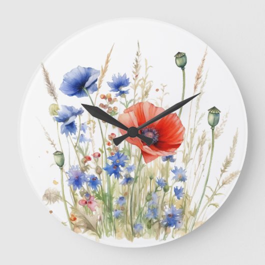 Poppies & Cornflowers: Rustic Meadow Waterverf Grote Klok (Voorkant)