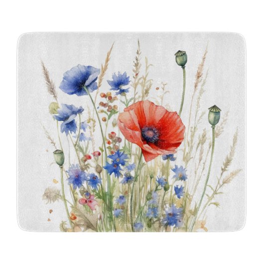 Poppies & Cornflowers: Rustic Meadow Waterverf Snijplank (Voorkant)