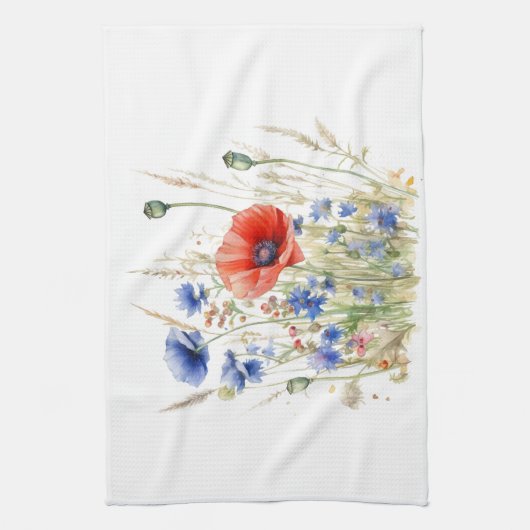 Poppies & Cornflowers: Rustic Meadow Waterverf Theedoek (Verticaal)