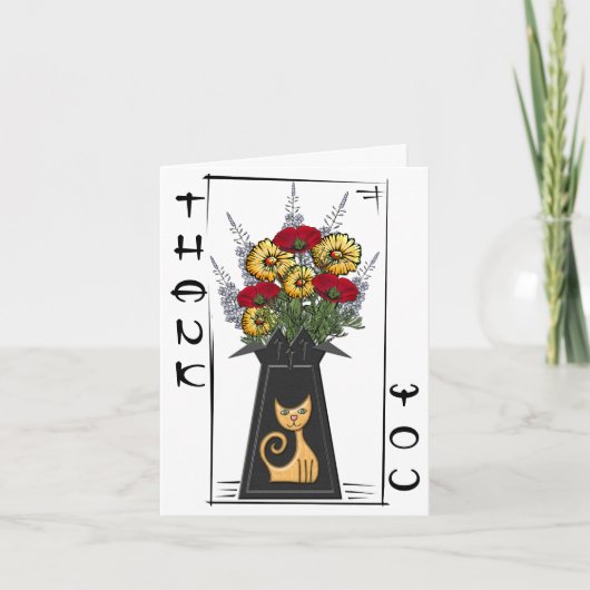 Poppies en Mama's in een Retro Kattenvaas - Dank j Bedankkaart (Voorkant)