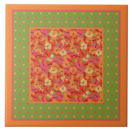 Poppies en Polka Dots Border Pattern op Green Tegeltje (Voorkant)