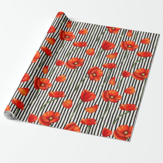 Poppies- en strepenpatroon cadeaupapier (Uitgerold)
