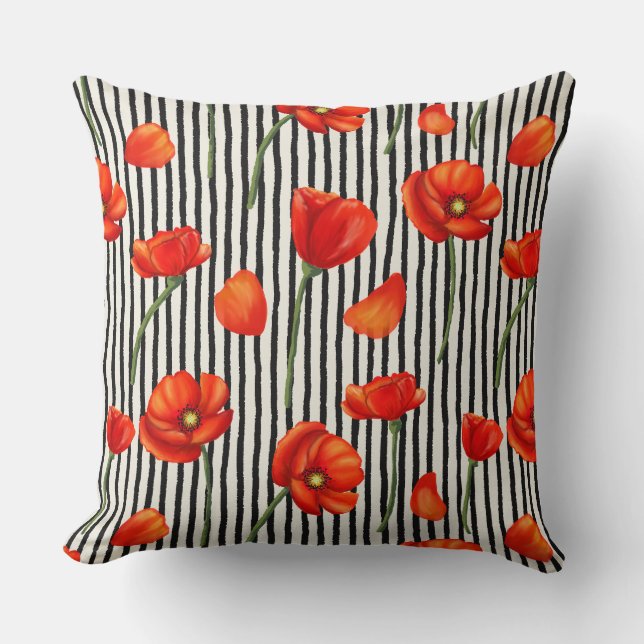 Poppies- en strepenpatroon kussen (Voorkant)