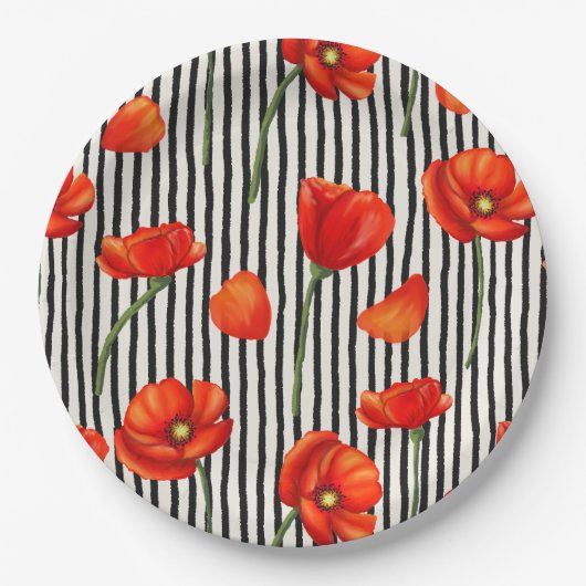 Poppies- en strepenpatroon papieren bordje (Voorkant)
