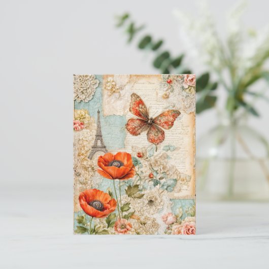 Poppies en vlinders met Eiffeltoren Feestdagenkaart (Staand voorkant)