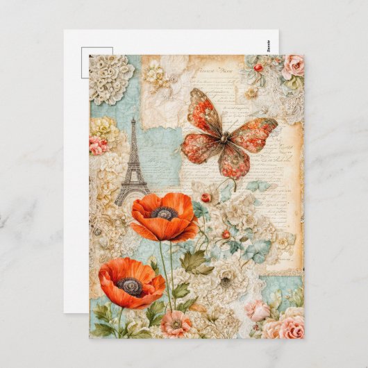 Poppies en vlinders met Eiffeltoren Feestdagenkaart (Voorkant / Achterkant)