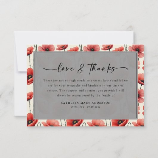 Poppies Floral Script Sympathy Funeral Bedankkaart (Voorkant)
