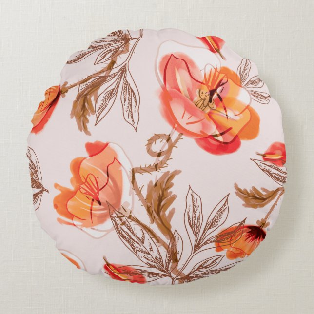 Poppies Flowers Seamless Pattern on a Beige Backgr Rond Kussen (Voorkant)