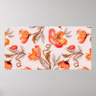 Poppies Flowers Seamless Pattern op een Beige Back Poster
