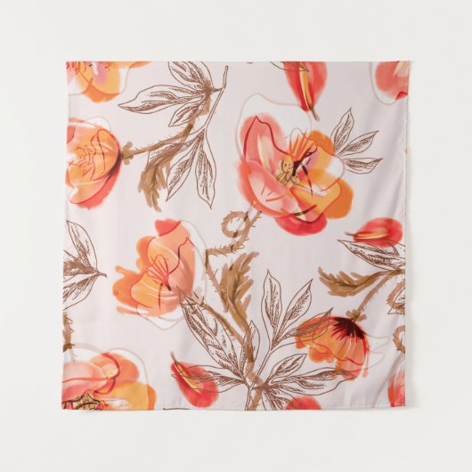 Poppies Flowers Seamless Pattern op een Beige Back Wandkleed (Voorkant)