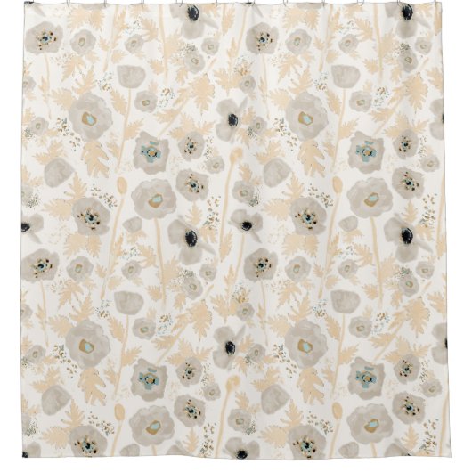 Poppies Geel Grijze Waterverf Floral Print Douchegordijn (Voorkant)