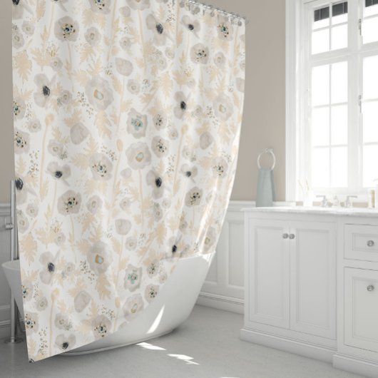 Poppies Geel Grijze Waterverf Floral Print Douchegordijn