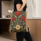 Poppies Gold Red Stripes Monogram Initiaal Tote Bag