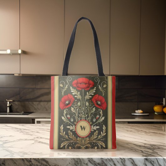 Poppies Gold Red Stripes Monogram Initiaal Tote Bag