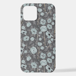 Poppies Grey Blue Black Waterverf Flowers iPhone 12 Hoesje