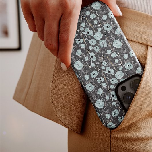 Poppies Grey Blue Black Waterverf Flowers iPhone Hoesje