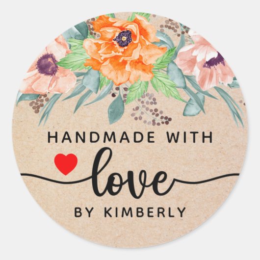 Poppies Handgemaakt met Love Classic Round Sticker (Voorkant)