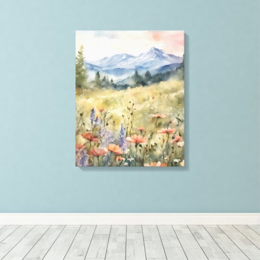 Poppies in het veld bergen natuurlijke scène canvas afdruk (Insitu (Houten vloer))